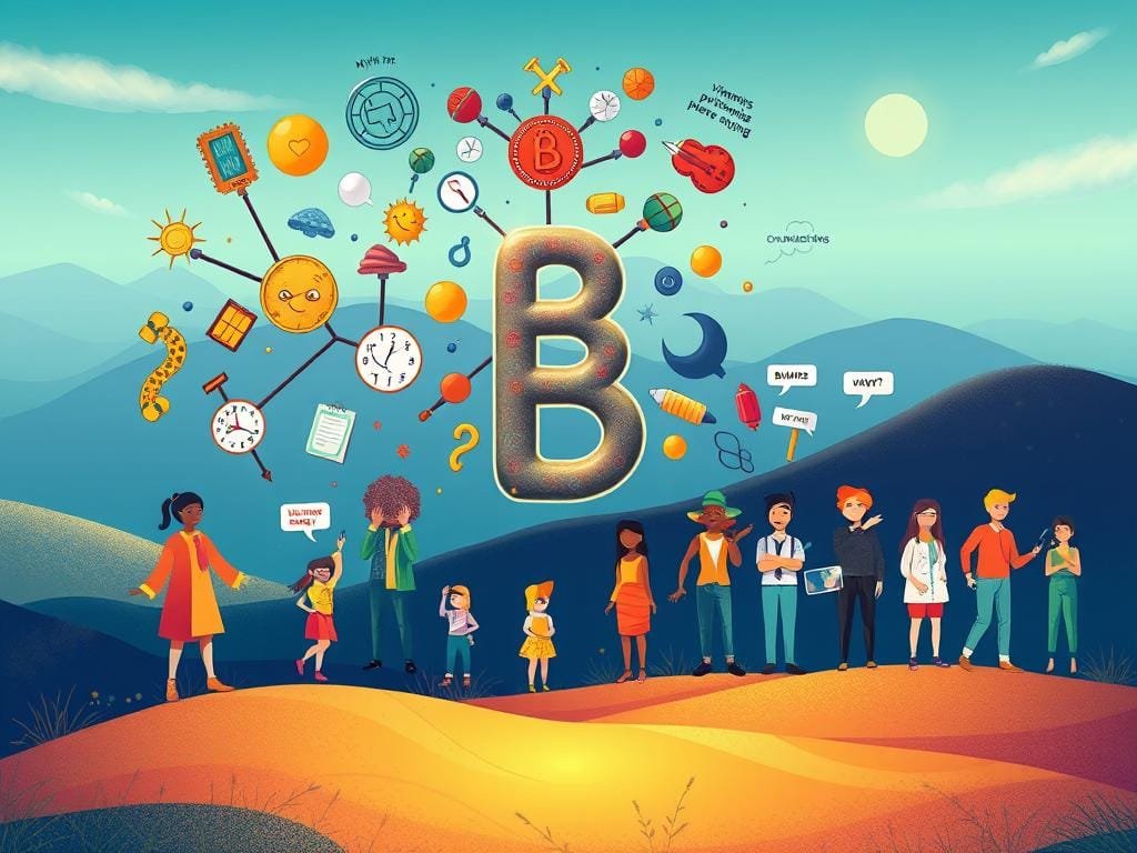 A vibrant, visually engaging illustration depicting common misconceptions about the B vitamin complex. In the foreground, a stylized representation of the B vitamin molecule with various icons and symbols floating around it, conveying the complex's multi-faceted nature. The middle ground features a diverse cast of characters, each illustrating a different myth or misunderstanding, such as "B vitamins boost energy" or "B vitamins prevent aging." The background showcases a subtly lit, ethereal landscape, with soft lighting and a calming color palette to balance the dynamic foreground. The overall composition should be visually striking, drawing the viewer in to explore the nuances of the B vitamin complex.