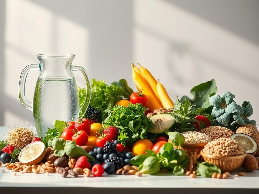 A visually appealing still life arrangement showcasing the key components of a balanced diet for longevity. In the foreground, a selection of vibrant, whole foods including leafy greens, colorful vegetables, assorted berries, nuts, and whole grains arranged in a harmonious composition. The middle ground features a large glass pitcher filled with fresh water, conveying the importance of hydration. Soft, natural lighting illuminates the scene, casting gentle shadows and highlights that accentuate the textures and colors of the ingredients. The background is a simple, neutral setting that allows the nutritious foods to take center stage, inspiring a sense of calm and wellness. The overall mood is one of balance, health, and a commitment to a nourishing lifestyle for extended lifespan.