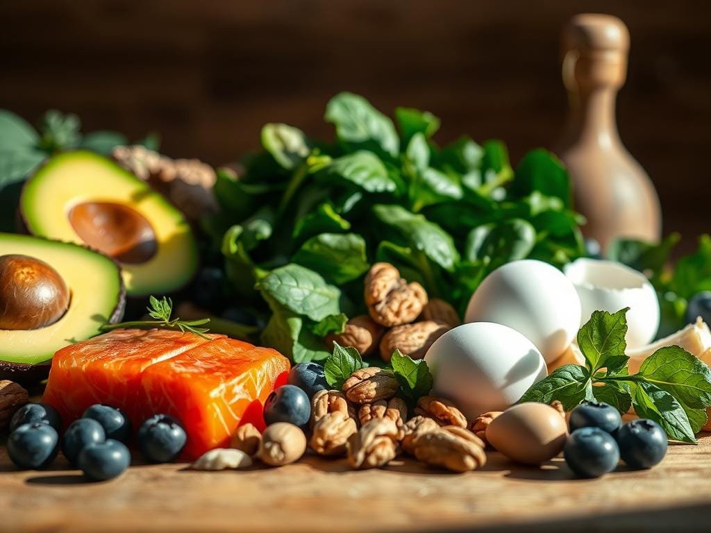 A visually appealing still life scene depicting an assortment of nutritious foods that are known to promote healthy hair growth. The foreground features a variety of vibrant, fresh produce including avocados, spinach, blueberries, salmon, nuts, and eggs, artfully arranged on a wooden table or natural background. Soft, natural lighting from the side casts gentle shadows, highlighting the textures and colors of the ingredients. The middle ground showcases the foods in an appetizing, appetizing manner, while the background is slightly blurred, maintaining focus on the key hair-boosting components. The overall mood is warm, inviting, and visually captivating, capturing the essence of the "Nutritional Factors Affecting Hair Growth" section.