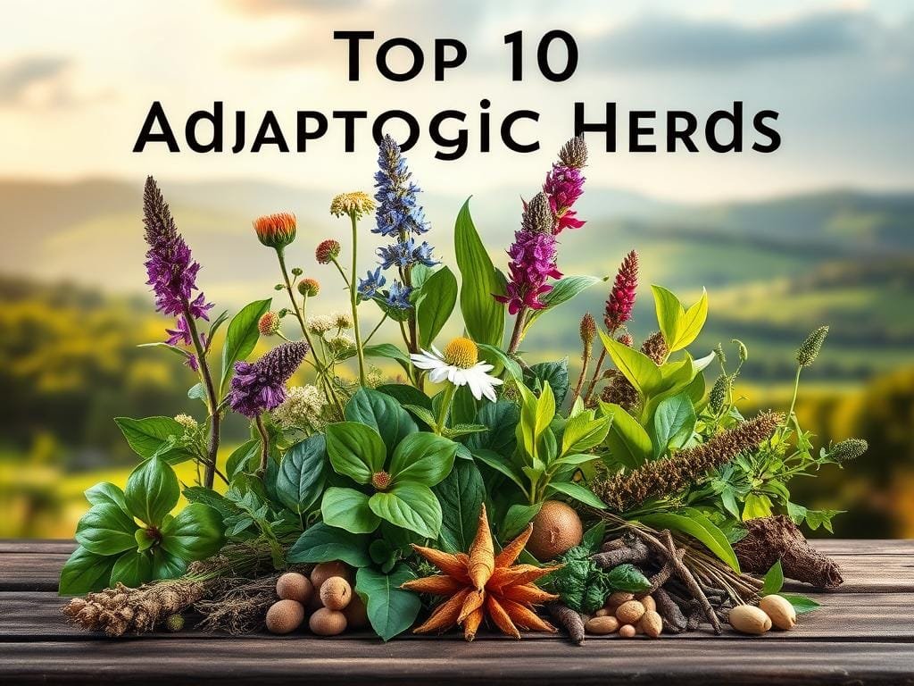 A visually captivating arrangement of the top 10 adaptogenic herbs, showcased against a serene, natural backdrop. The herbs are presented in a striking, high-resolution close-up, with each plant's unique foliage, flowers, and roots rendered in vivid detail. The lighting is soft and diffused, creating a warm, inviting atmosphere that enhances the herbs' vibrant colors and textures. The composition is balanced and harmonious, with the herbs positioned in an artful, overlapping layout that guides the viewer's eye across the scene. The background features a blurred, idyllic landscape of rolling hills, lush greenery, and a calming sky, creating a sense of tranquility and connection to the natural world. The overall image conveys the essence of adaptogenic herbs, their powerful properties, and their ability to promote balance and resilience.