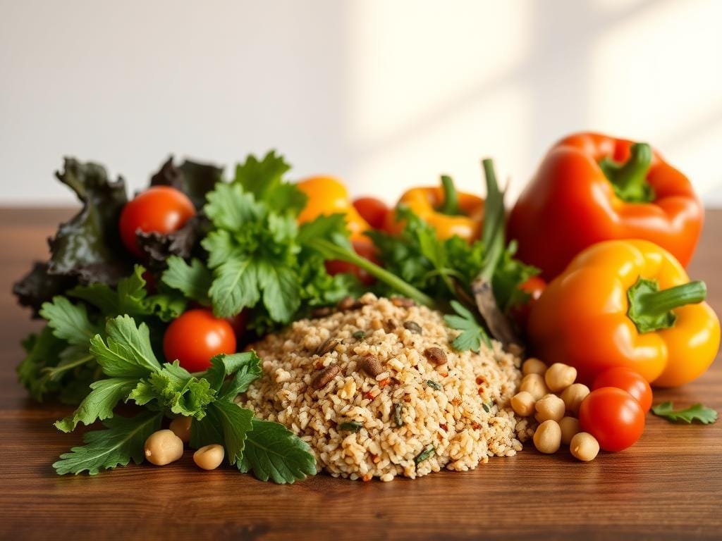 A visually striking and harmonious vegan meal, artfully arranged on a wooden table. In the foreground, a selection of vibrant vegetables - crisp greens, juicy tomatoes, and colorful bell peppers - carefully placed to create a balanced composition. In the middle ground, a hearty grain, such as quinoa or brown rice, serves as the foundation, complemented by protein-rich legumes, like chickpeas or lentils. The background features a simple, minimalist setting, allowing the food to take center stage, bathed in warm, natural lighting that casts gentle shadows and highlights the textures of the ingredients. An image that inspires, nourishes, and celebrates the beauty of a well-crafted, plant-based meal.