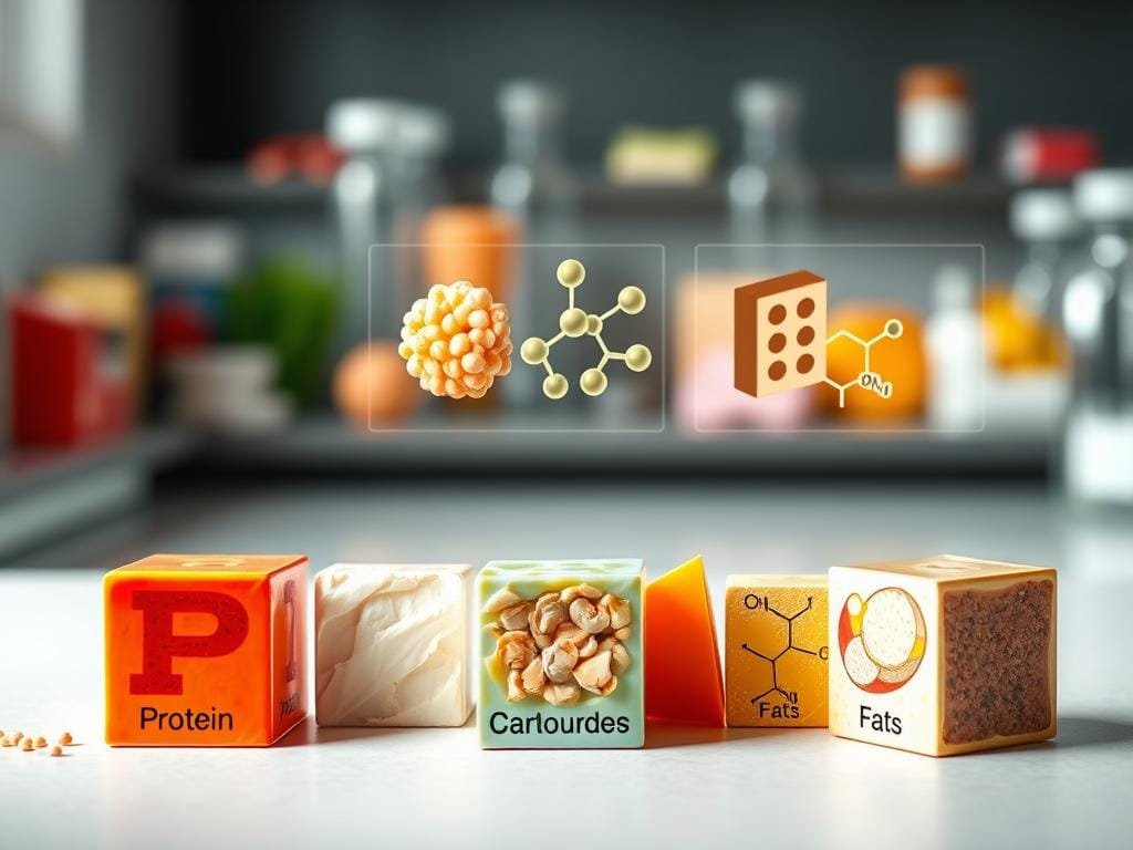 A visually striking and informative illustration of the three main macronutrients - protein, carbohydrates, and fats. In the foreground, cubes of these macronutrients are arranged in an orderly, color-coded display, with clear labels. The middle ground features detailed cross-sectional diagrams of each macronutrient's molecular structure, rendered in a clean, scientific style with a subtle play of light and shadow. In the background, a soft, blurred gradient suggests a laboratory or educational setting, conveying a sense of academic rigor and nutritional expertise. The overall composition is balanced, visually engaging, and effectively communicates the core concepts of macronutrients.