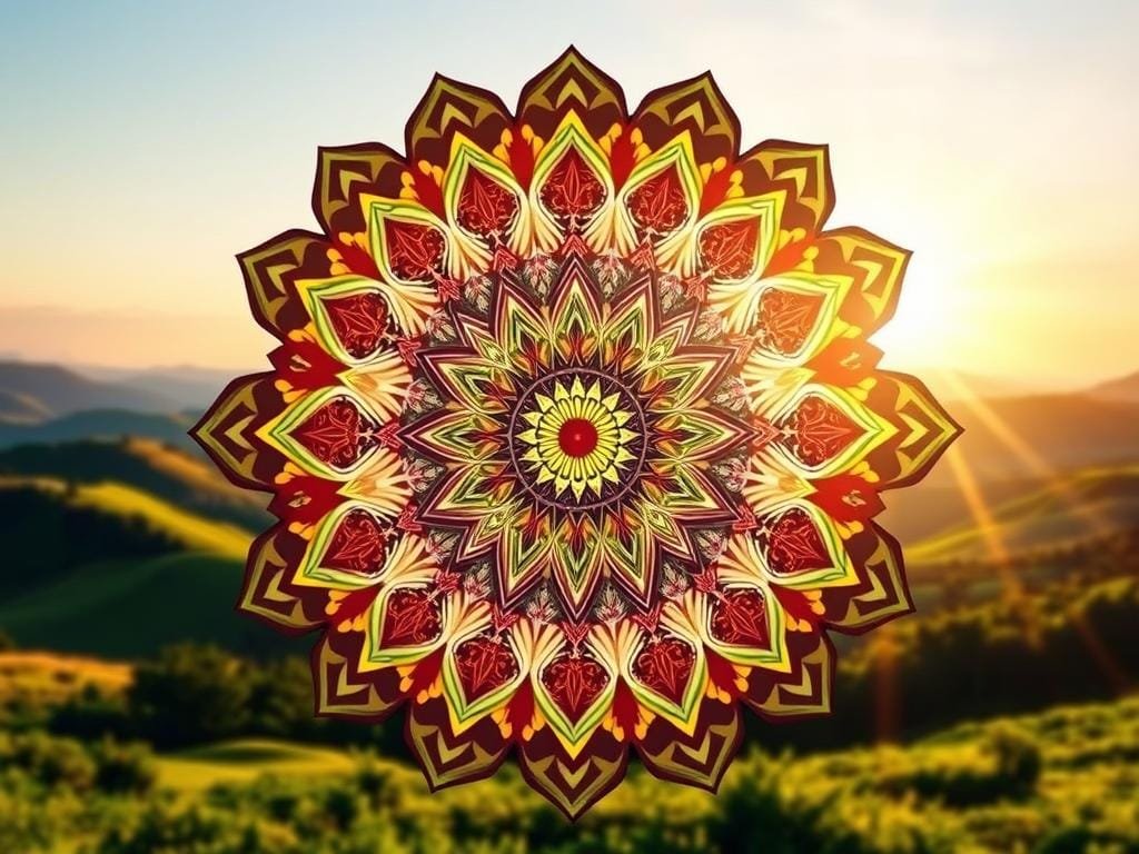 A visually striking, high-resolution image showcasing the key benefits of adaptogenic herbs. In the foreground, a vibrant mandala-like composition depicting a range of adaptogens such as ashwagandha, ginseng, and rhodiola, each represented by intricate, stylized illustrations. The middle ground features a serene natural landscape, with rolling hills, lush greenery, and a soft, diffused light creating a calming atmosphere. In the background, a radiant sunburst illuminates the scene, symbolizing the energizing and stress-relieving properties of these powerful plants. The overall composition conveys a sense of balance, vitality, and holistic well-being, perfectly aligned with the "Key Adaptogens Benefits" theme.