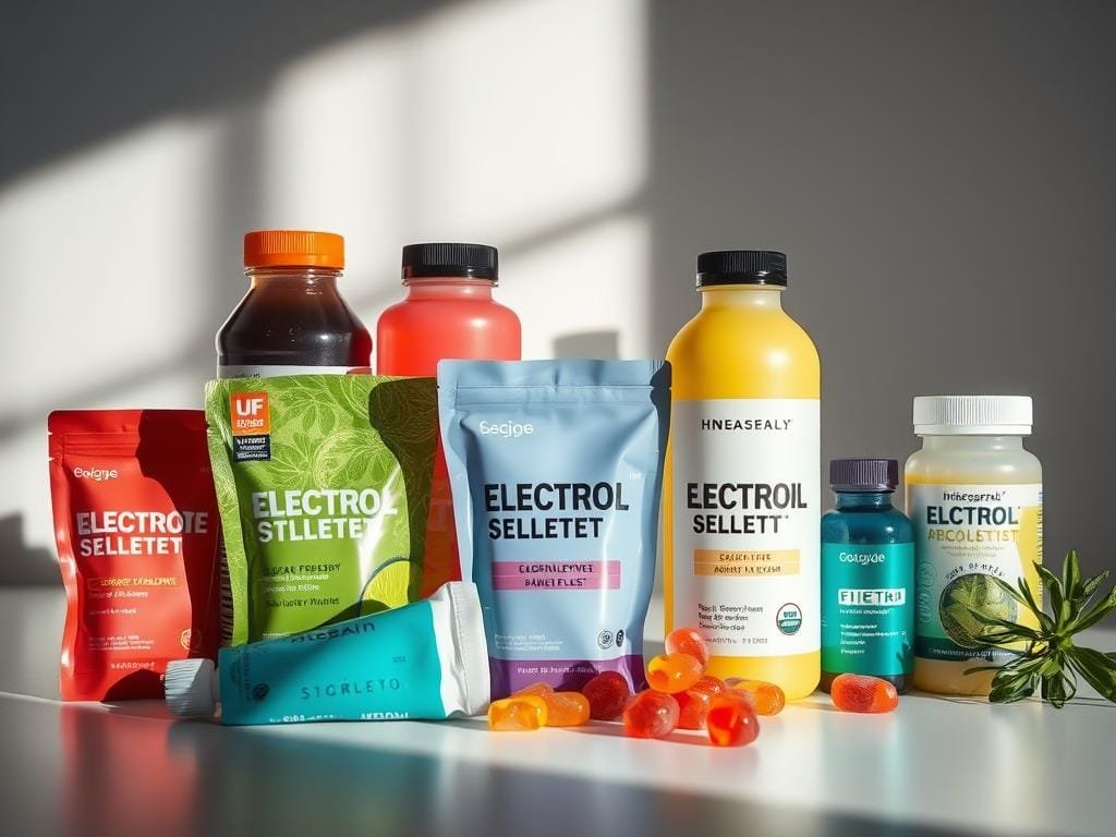 A visually striking still-life composition of various electrolyte supplement products, including colorful powder sachets, bottled liquids, and electrolyte-infused candies or gummies. The scene is evenly lit from the side, creating soft shadows and highlights that accentuate the textures and shapes of the items. The background is slightly blurred, keeping the focus on the supplements in the foreground. The overall mood is clean, modern, and informative, subtly conveying the importance of electrolyte replenishment for health and athletic performance.