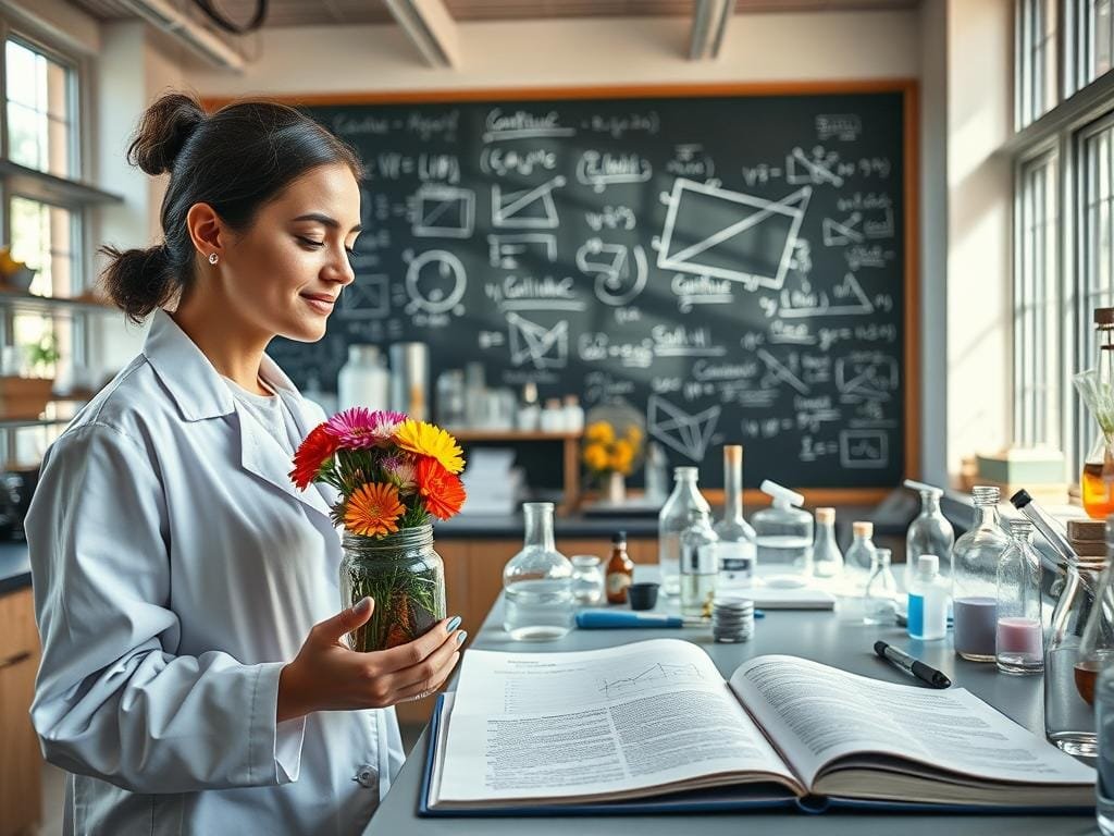A warm, inviting research laboratory filled with scientific equipment and glassware. In the foreground, a scientist in a white lab coat examines a jar of colorful flowers, a serene expression on their face. The middle ground showcases various graphs, charts, and open notebooks displaying the benefits of gratitude, all bathed in soft, natural lighting from large windows. The background features a chalkboard covered in handwritten equations and notes, hinting at the rigorous, evidence-based nature of the research. The overall atmosphere conveys a sense of wonder, discovery, and the transformative power of gratitude.
