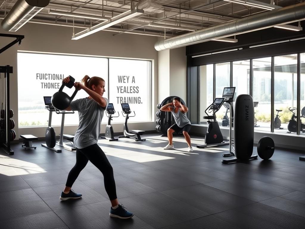 A well-equipped gym with modern equipment and bright, natural lighting. In the foreground, a person is performing a functional exercise like a kettlebell swing, showcasing the dynamic, full-body nature of functional training. In the middle ground, another person does a squat with perfect form, highlighting the focus on proper technique. The background features motivational wall graphics and a large window overlooking a scenic outdoor environment, conveying the holistic, wellness-oriented approach of functional fitness. The overall atmosphere is one of empowerment, balance, and the connection between physical and mental well-being.