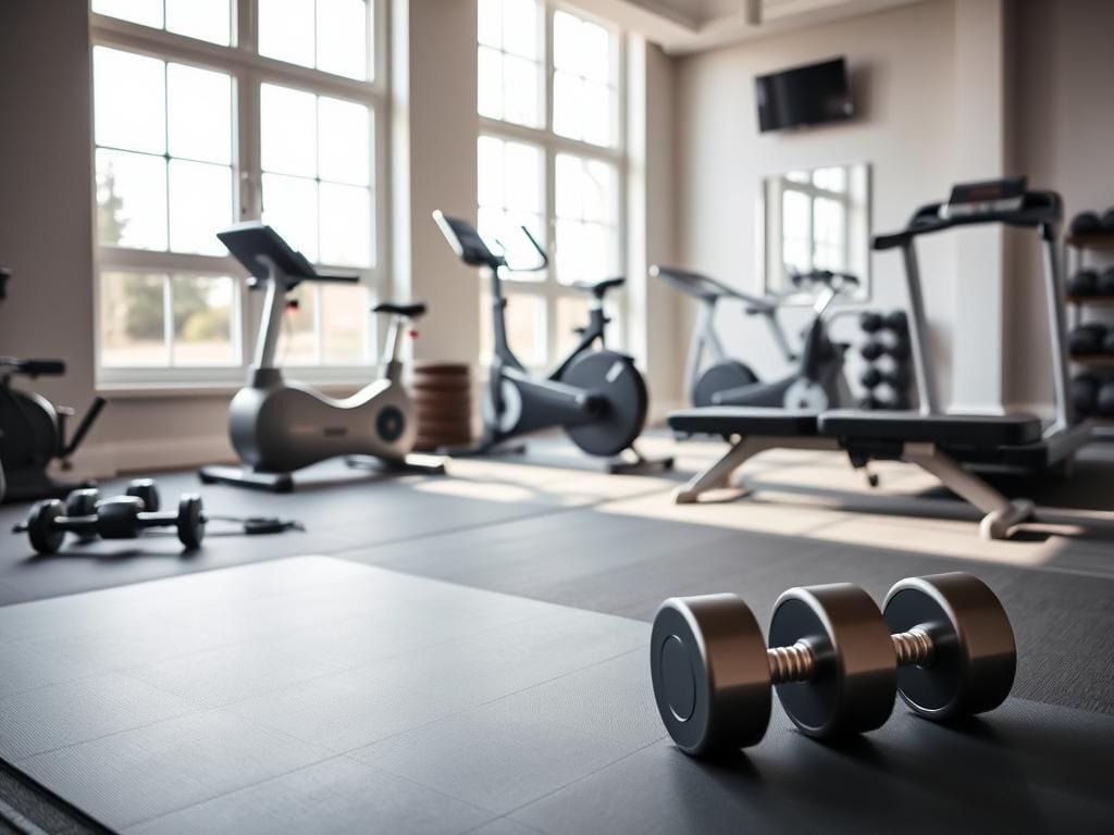 A well-equipped home gym with a variety of workout equipment arranged in a modern, minimalist setting. In the foreground, a sleek exercise mat, a set of dumbbells, and a sturdy weight bench. In the middle ground, a stationary exercise bike and a high-quality treadmill, both with clean, uncluttered designs. The background features large windows letting in natural light, creating a bright and airy atmosphere. The overall scene conveys a sense of focus, efficiency, and inspiration for an effective home workout routine. Captured with a wide-angle lens to showcase the full scope of the gym setup.