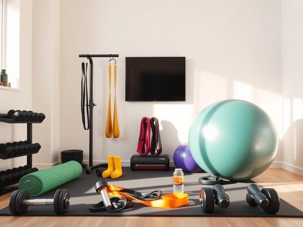 A well-equipped home gym with an array of fitness equipment, including dumbbells, resistance bands, a yoga mat, and a stability ball. The equipment is arranged in a visually appealing and inviting manner, suggesting a variety of challenging workout routines. The lighting is soft and natural, creating a warm and motivating atmosphere. The background features a clean, minimalist design, allowing the fitness equipment to take center stage and inspire the viewer to customize their own workout challenge.