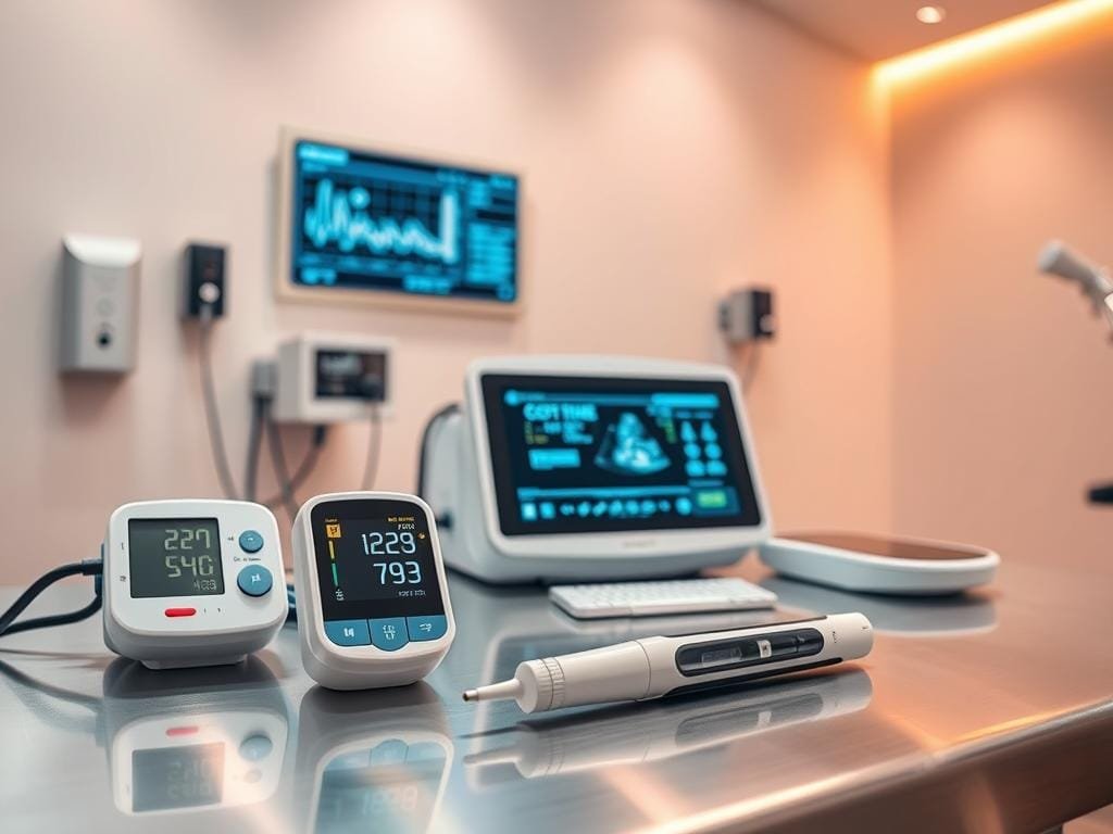 A well-lit, clinical scene of medical diagnostics equipment arranged on a sleek, stainless steel counter. In the foreground, a state-of-the-art blood pressure monitor and a digital thermometer, both gleaming under warm, directional lighting. The middle ground features a compact, modern ultrasound machine and a high-resolution digital screen displaying medical imagery. In the background, a minimalist wall-mounted display showcases real-time health data, creating an atmosphere of personalized, consumer-driven healthcare. The overall scene conveys a sense of advanced, user-friendly medical technology, empowering individuals to take an active role in managing their own health.