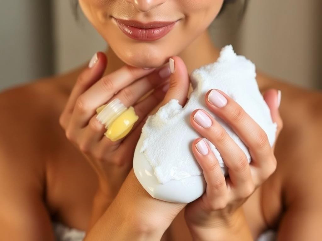 A well-lit, close-up image of a woman's hands gently massaging two different types of cleansers - a creamy oil-based cleanser and a foaming water-based cleanser - into her skin. The woman's face is not visible, but her hands move in a rhythmic, circular motion, demonstrating the two-step double cleansing technique. The background is soft and blurred, allowing the focus to remain on the cleansing process. The lighting is warm and natural, conveying a sense of tranquility and self-care. The overall mood is one of pampering and indulgence, reflecting the transformative power of the double cleansing method.
