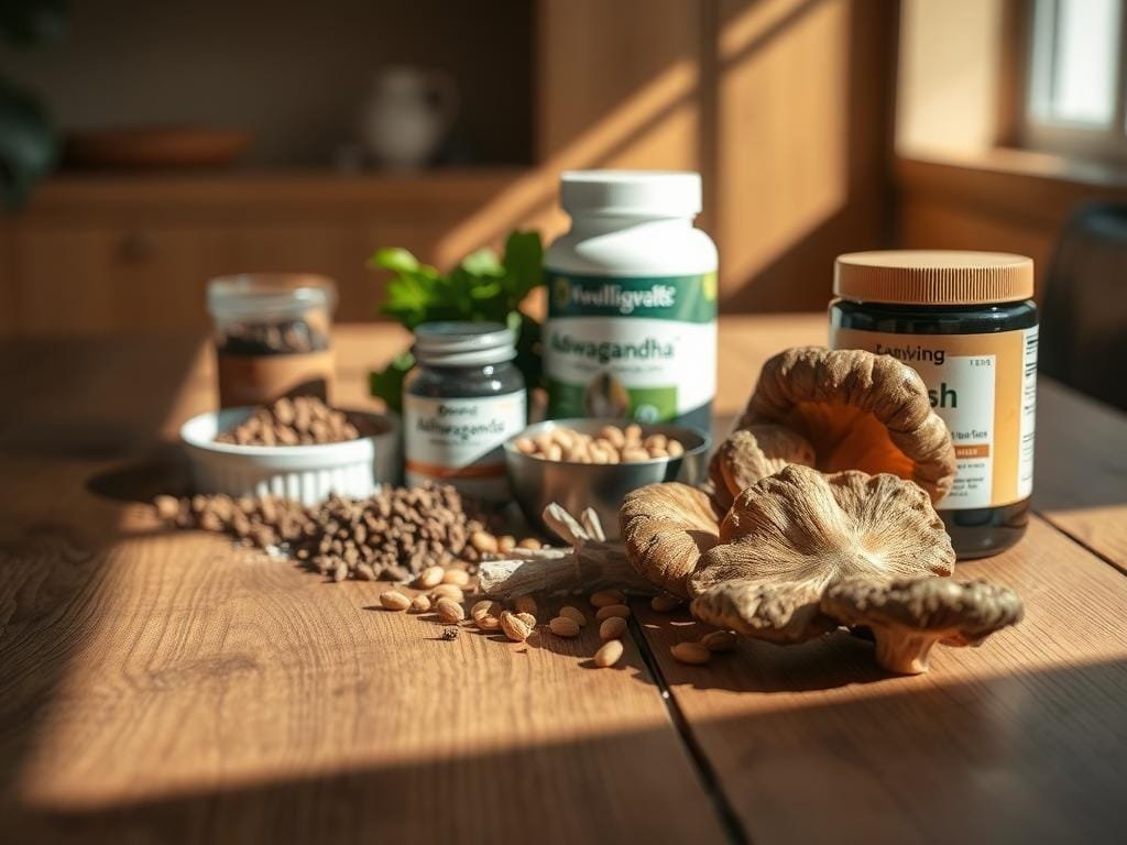 A well-lit, close-up shot of a wooden table surface. On the table, an assortment of adaptogenic herbs and supplements is neatly arranged, including ashwagandha, rhodiola, and reishi mushroom. The lighting casts soft shadows, creating a sense of depth and highlighting the textures and colors of the natural ingredients. The background is blurred, keeping the focus on the central display of adaptogenic choices. The overall mood is calm, inviting, and informative, guiding the viewer to consider the various adaptogenic options for their personal wellness needs.