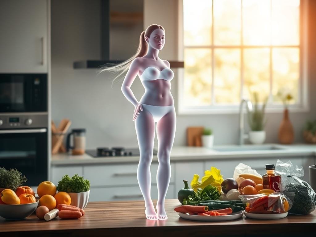 A well-lit, contemporary kitchen scene with a stylized, ethereal figure in the foreground representing Ozempic weight loss. The figure is composed of soft, glowing energy, showcasing a slimmer, healthier physique. In the middle ground, various fresh produce and healthy meal components are neatly arranged, hinting at the lifestyle changes necessary to optimize Ozempic results. The background features a minimalist, airy setting with natural light filtering through large windows, conveying a sense of balance, serenity, and wellness. The overall mood is one of transformation, vitality, and the harmony between medication and holistic lifestyle choices.
