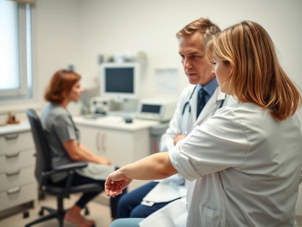 A well-lit examination room with a doctor's desk and medical equipment in the background. In the foreground, a patient sits on an examination table, their arm extended as a nurse draws a blood sample. The scene conveys a sense of concern and attentiveness, with the doctor's thoughtful expression as they review the test results. The lighting is soft and warm, creating a calming atmosphere, while the medical instruments and equipment suggest a professional, clinical setting. The composition emphasizes the interaction between the patient and the healthcare providers, highlighting the diagnostic process of identifying iron deficiency.