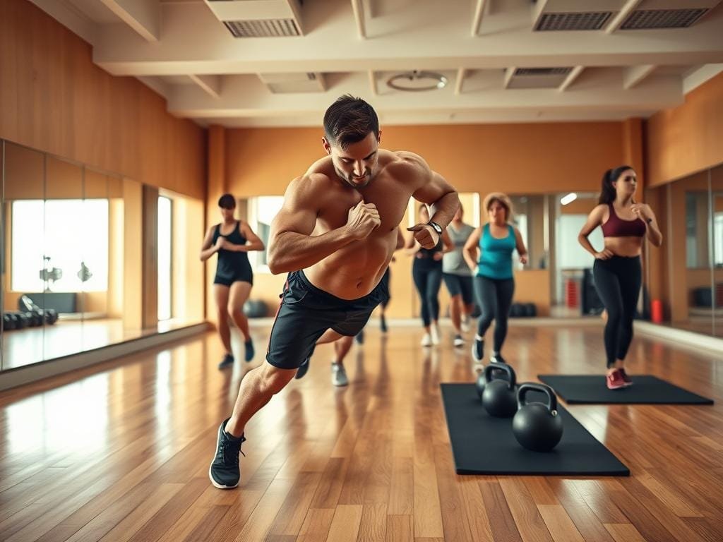 A well-lit gymnasium interior with hardwood floors and mirrored walls. In the foreground, a muscular male athlete performs a high-intensity interval training (HIIT) exercise, such as a burpee or jumping jack, with intense focus and energy. The middle ground features other fitness enthusiasts following along, their movements captured in a dynamic, fast-paced sequence. The background showcases various exercise equipment, including resistance bands, kettlebells, and medicine balls, conveying a sense of a comprehensive, well-equipped workout space. Warm, natural lighting from overhead sources illuminates the scene, creating a motivating and energetic atmosphere.