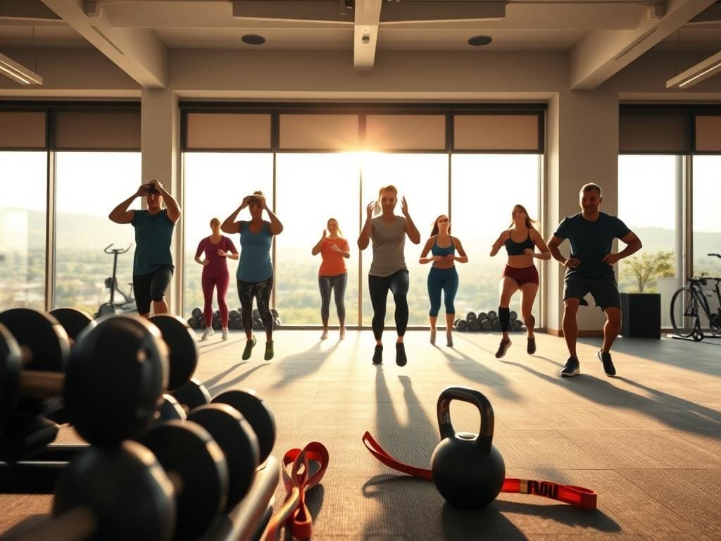 A well-lit gymnasium interior with modern exercise equipment arranged in the foreground, including dumbbells, kettlebells, and resistance bands. In the middle ground, a group of people performing a variety of dynamic fat-burning exercises such as burpees, mountain climbers, and squat jumps, their expressions focused and determined. The background features large windows overlooking a scenic outdoor landscape, with natural lighting filtering in and creating a warm, energetic atmosphere. The overall scene conveys an inspiring, motivational tone for effective fat-burning through strategic, high-intensity exercises.