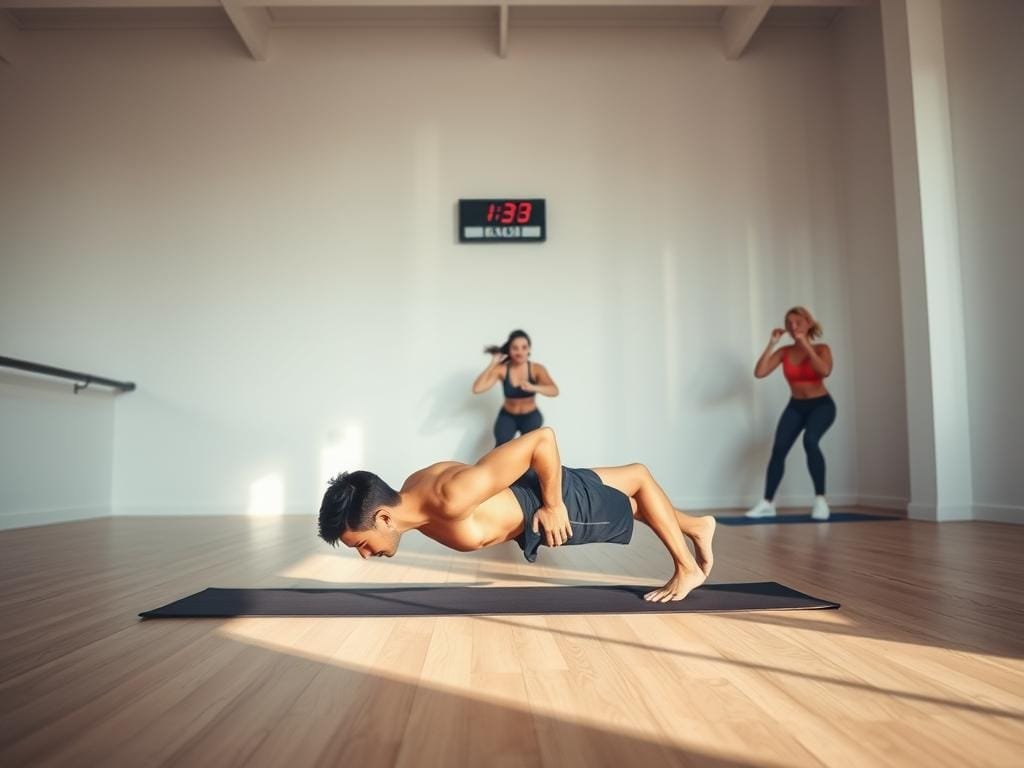 A well-lit, high-angle shot of a clean, minimalist gym interior. In the foreground, a person performs a set of pushups on a yoga mat, their body in perfect form. Behind them, three other individuals engage in various exercises like squats, lunges, and jumping jacks, all in sync with a timer visible on the wall. The lighting is soft and natural, casting a warm glow that enhances the sense of movement and energy. The overall atmosphere is one of focused intensity, with the 7-Minute Workout Challenge routine being the central focus of the scene.