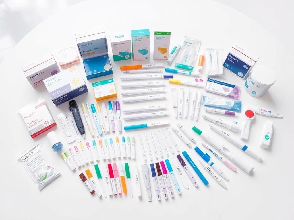 A well-lit, high-angle view of an assortment of at-home diagnostic tests arranged on a clean, minimalist white surface. The tests are neatly organized, with various shapes and sizes of test kits, swabs, and other medical tools. The foreground features a selection of the most common at-home tests, such as COVID-19, pregnancy, and blood glucose tests, while the middle ground showcases a wider range of specialized tests. The background has a softly blurred effect, creating a sense of focus on the diagnostic tools. The overall mood is one of professionalism, efficiency, and the empowerment of personal health management.