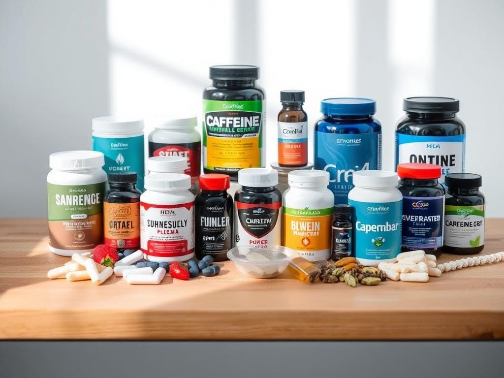 A well-lit, high-quality photograph of a selection of various caffeine-free nutritional supplements arranged on a clean, minimalist wooden surface. The supplements are displayed in a visually appealing and organized manner, showcasing their diverse shapes, sizes, and colors. The lighting is soft and natural, casting gentle shadows to accentuate the textures and details of the products. The background is slightly blurred, keeping the focus on the supplements and creating a sense of depth and balance. The overall composition is both informative and aesthetically pleasing, capturing the essence of "How to Choose the Right Supplement for You".