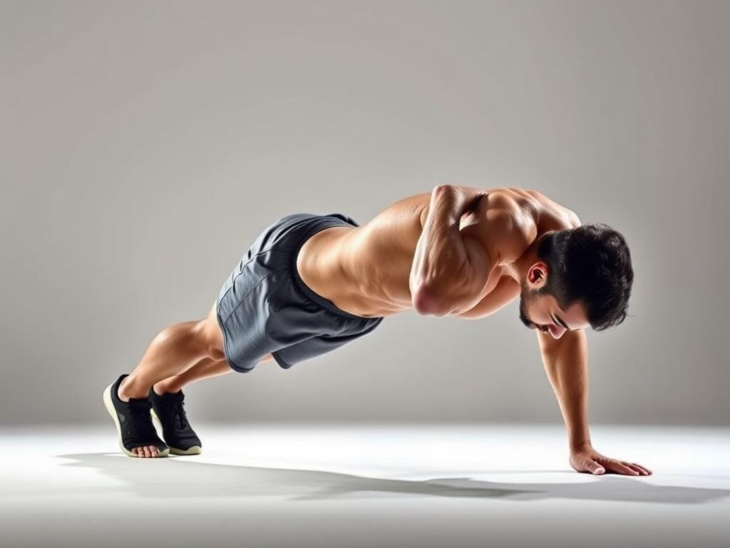 A well-lit, high-resolution image of a person performing a textbook-perfect pushup. The subject is shown in profile, their body in perfect alignment from head to heels, core engaged, and muscles straining with the effort. The lighting is soft and diffused, casting gentle shadows that accentuate the subject's form. The background is a simple, uncluttered studio setting, allowing the viewer to focus solely on the proper execution of the exercise. The overall mood is one of determination and control, inspiring the viewer to master their own workout form.