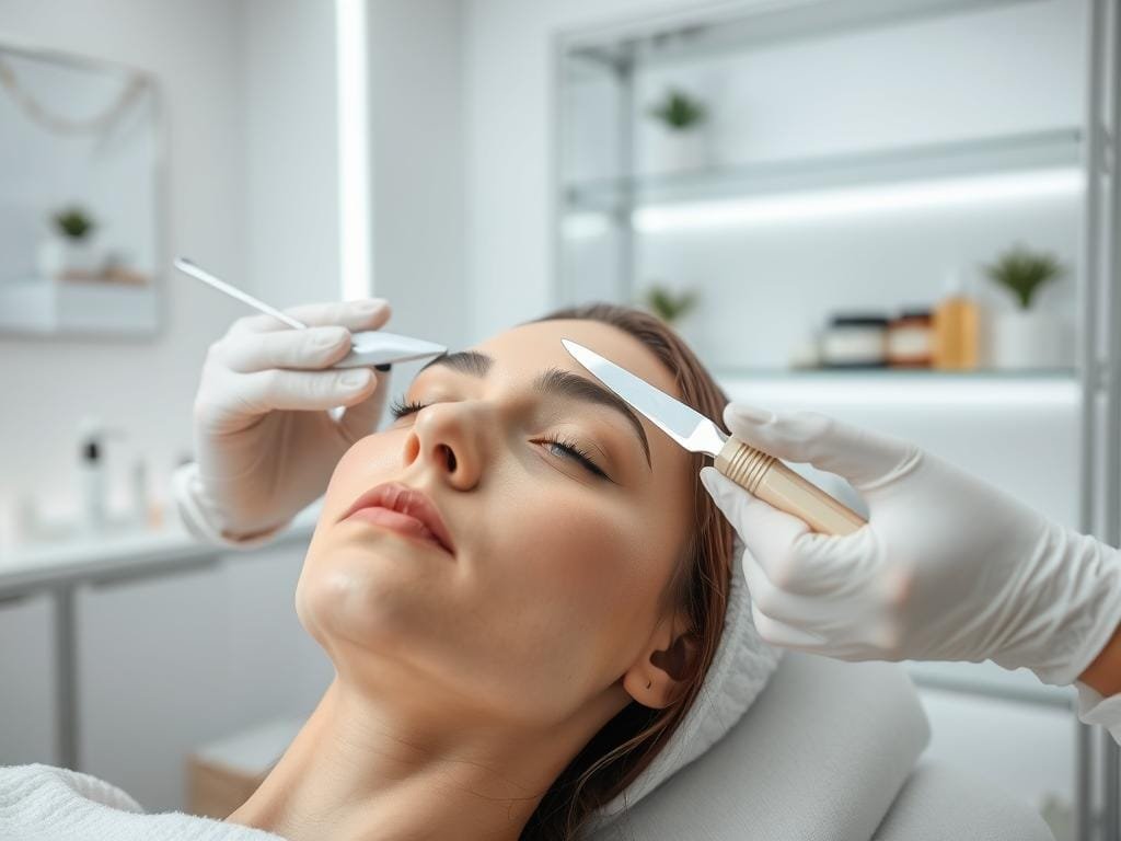 A well-lit, high-resolution image of a woman undergoing dermaplaning treatment. In the foreground, the esthetician is gently gliding a sterile surgical scalpel across the client's face, removing dead skin cells and fine facial hair. The client's eyes are closed, conveying a sense of relaxation. The middle ground features the clean, modern interior of a spa or skincare clinic, with minimalist decor and soft, diffused lighting. In the background, shelves display various skincare products and tools used in dermaplaning procedures. The overall mood is serene, professional, and focused on the client's comfort and optimal results.