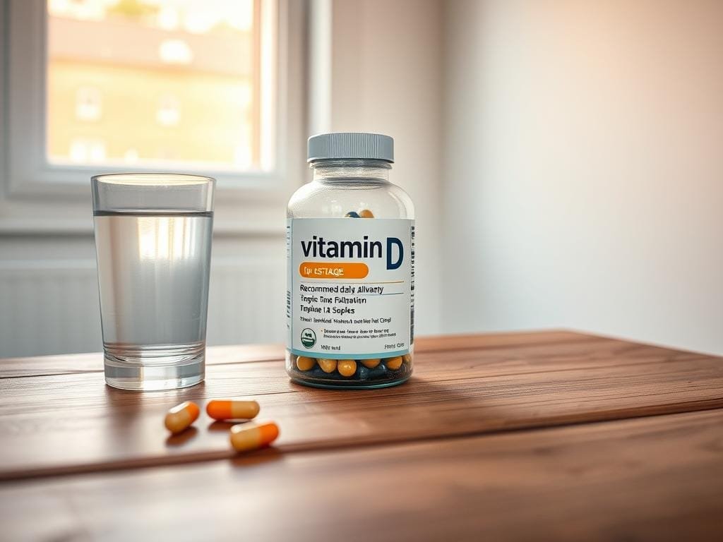 A well-lit, high-resolution image of a wooden table with a glass of water, a capsule, and a labeled bottle containing vitamin D supplements. The table is placed against a plain white wall, with soft natural lighting from a window casting a warm glow on the scene. The composition emphasizes the vitamin D bottle, showcasing the dosage information and branding prominently. The overall mood is informative and focused, conveying the importance of the recommended daily allowance of this essential nutrient.