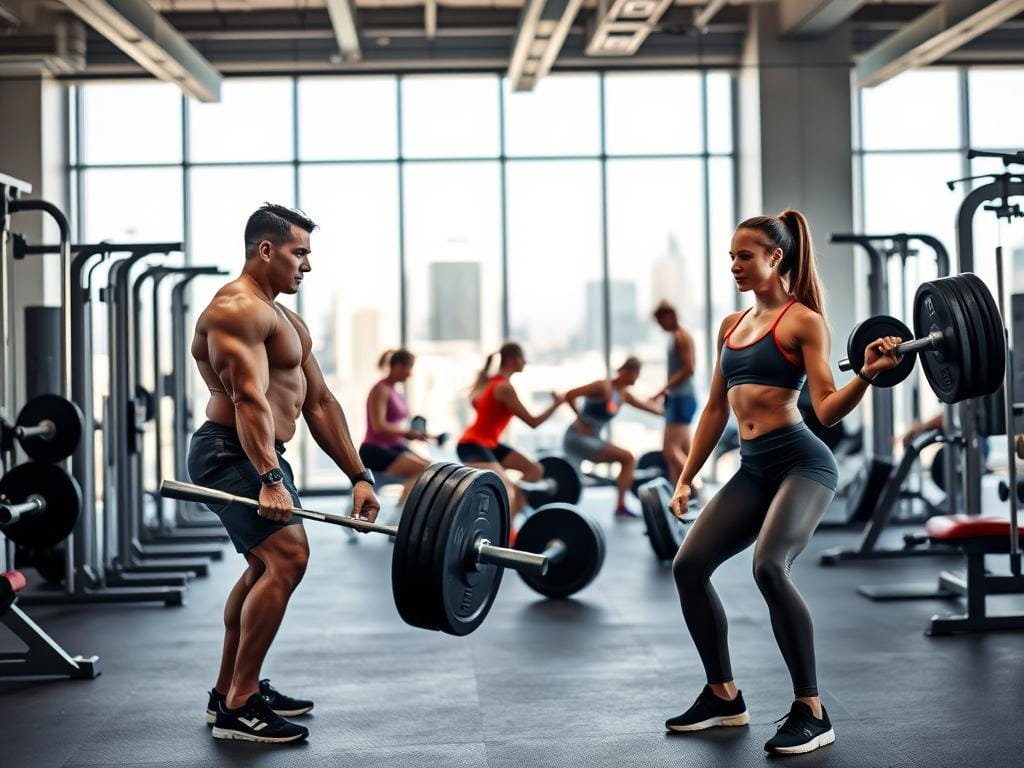 A well-lit, high-resolution photograph of a modern gym interior with various weightlifting equipment and machines arranged in a visually appealing, minimalist layout. In the foreground, two fit individuals, a man and a woman, performing a compound exercise like a deadlift or squat with perfect form, conveying the idea of an effective, full-body workout. The middle ground features other people engaged in a variety of exercises, demonstrating a range of workout routines. The background shows large windows overlooking a cityscape, creating a sense of urban energy and vitality. The overall mood is focused, determined, and aspirational, capturing the essence of an effective workout plan for body recomposition.