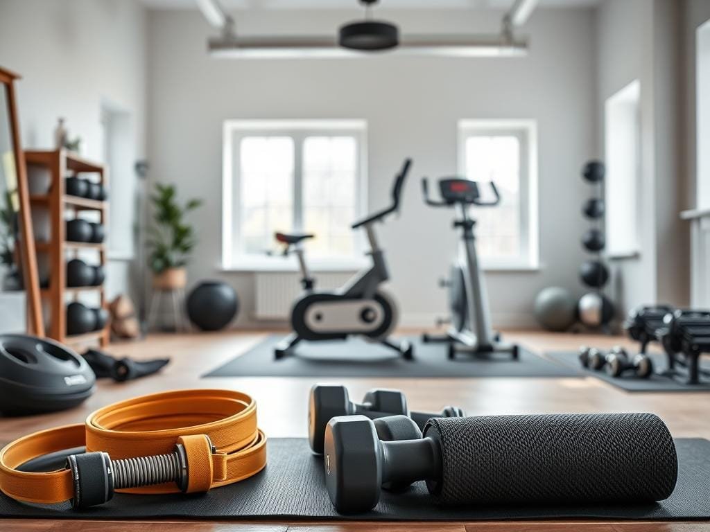 A well-lit home gym filled with a diverse array of budget-friendly equipment. In the foreground, a pair of sturdy resistance bands, a set of adjustable dumbbells, and a thick yoga mat are neatly arranged. In the middle ground, a sleek exercise bike and a compact multi-functional home gym machine stand side by side. The background showcases a minimalist, open-concept space with natural light streaming in through large windows, creating a welcoming and motivating atmosphere for a rewarding workout. The overall scene conveys a sense of practicality, efficiency, and accessibility, catering to the needs of fitness enthusiasts on a budget.