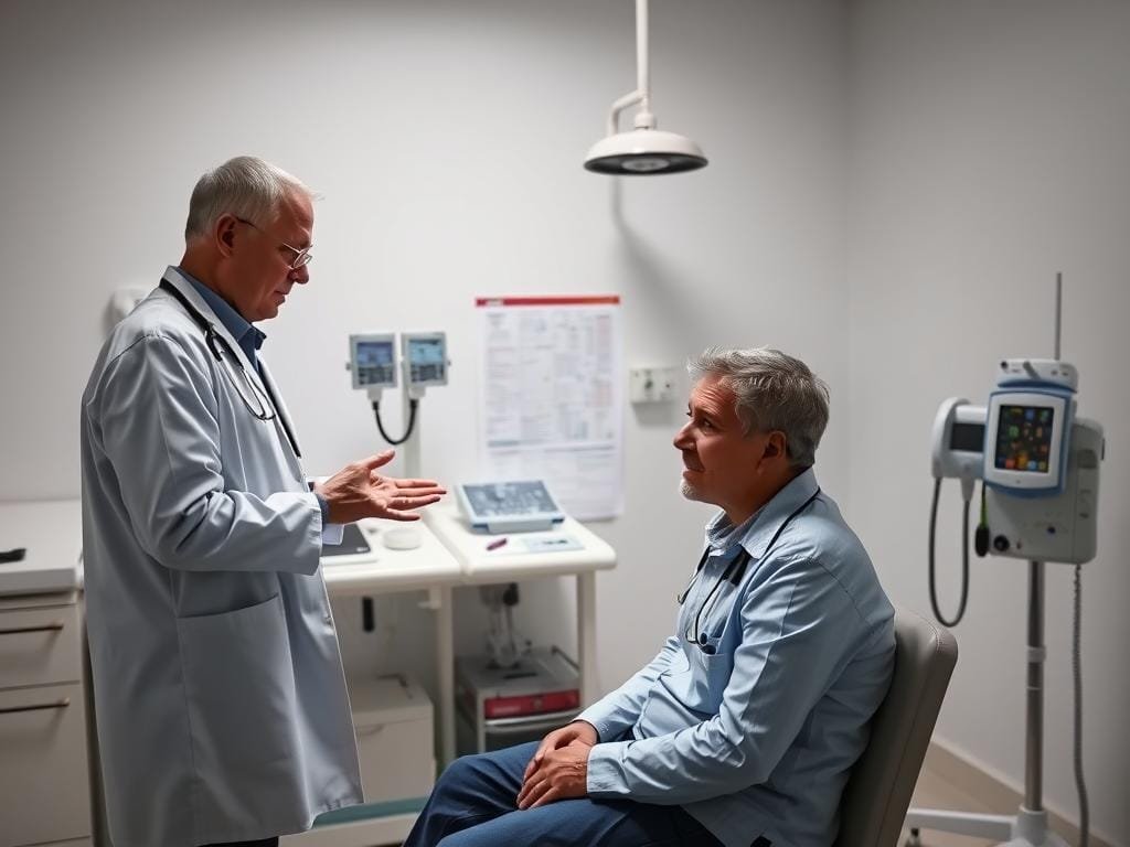A well-lit medical examination room, with a stark white backdrop. In the foreground, a patient sits on an examination table, a worried expression on their face. Beside them, a doctor gestures emphatically, discussing the potential risks and side effects of intermittent fasting, such as fatigue, headaches, and electrolyte imbalances. In the background, various medical equipment and charts create a sense of authority and expertise. The lighting is clean and clinical, casting sharp shadows to emphasize the gravity of the discussion. The overall mood is one of concern and caution, reflecting the nuanced considerations around the practice of intermittent fasting.
