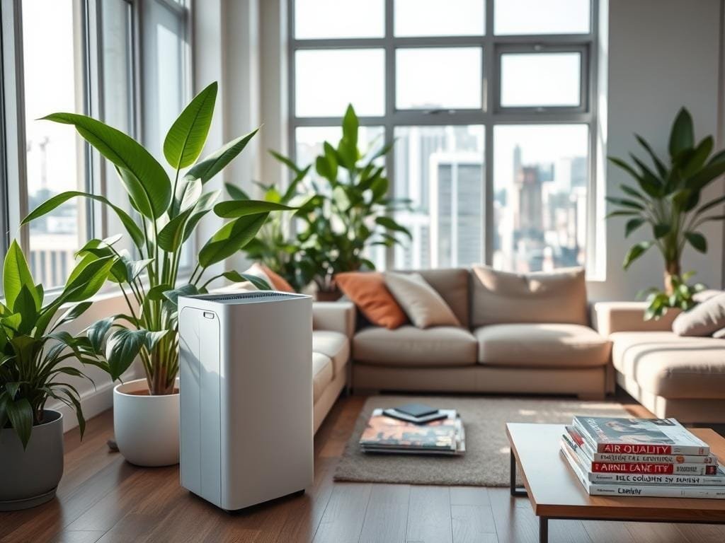 A well-lit, modern living room with large windows and natural light flooding the space. In the foreground, an air purifier sits prominently, its sleek design blending seamlessly with the room's decor. Lush indoor plants surround the purifier, their vibrant green leaves contributing to the room's fresh, clean atmosphere. Midground features a plush, comfortable couch and a coffee table adorned with books and magazines related to air quality and urban living. The background showcases a cityscape visible through the windows, hinting at the challenges of pollution in urban environments. The overall scene conveys a sense of comfort, control, and a proactive approach to maintaining healthy indoor air quality.