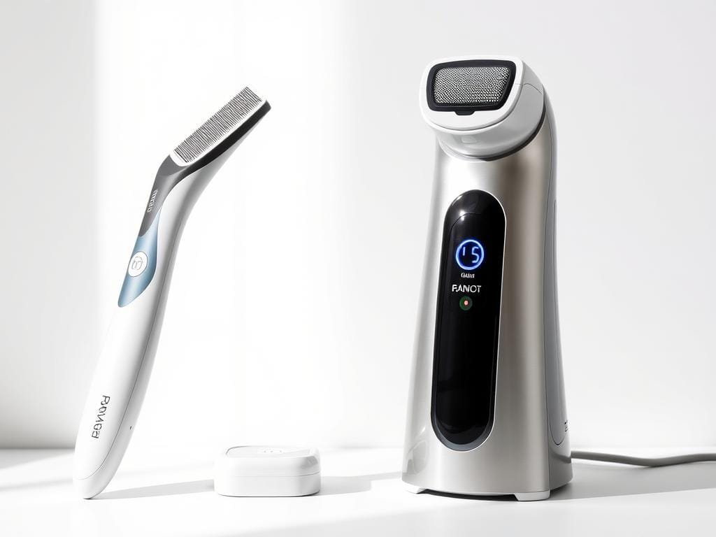 A well-lit product display showcasing two distinct skincare devices side-by-side. On the left, a modern dermaplaning tool with a sleek, ergonomic design. On the right, a classic microdermabrasion device with a polished, professional appearance. The background is a soft, neutral palette, allowing the products to take center stage. Subtle shadows and highlights accentuate the textures and materials, conveying a sense of quality and precision. The overall composition is balanced and visually appealing, inviting the viewer to compare the cost and features of these two popular skin rejuvenation treatments.