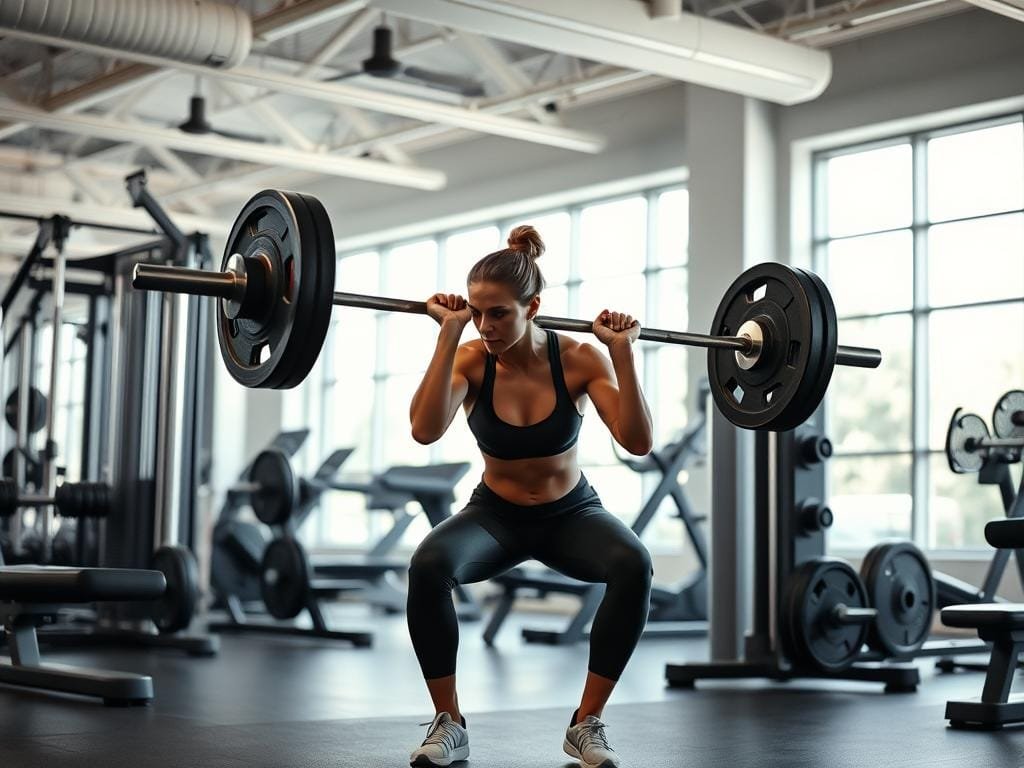 A well-lit, spacious gym interior with sleek, modern equipment. In the foreground, a determined woman in athletic wear performs a barbell squat, her muscles engaged as she powers through the exercise. The middle ground showcases a variety of strength training machines and free weights, while the background features large windows that flood the space with natural light. A sense of focus and empowerment permeates the scene, highlighting the confidence and capability of the female fitness enthusiast.