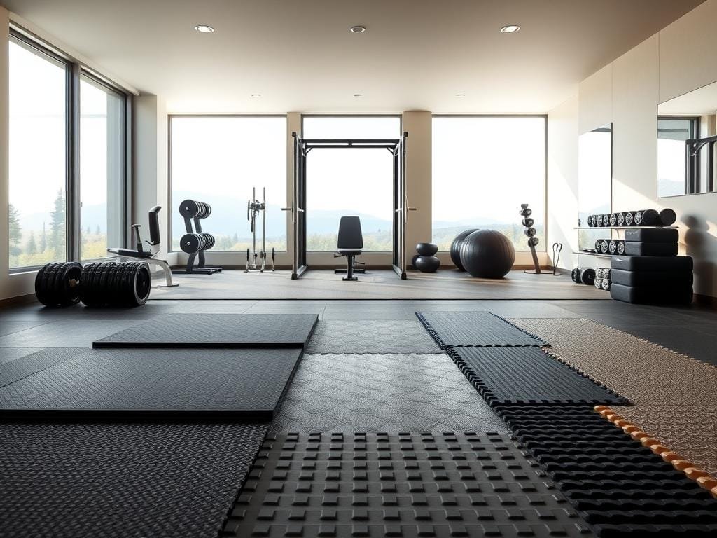 A well-lit, spacious home gym interior featuring a variety of high-quality flooring options. In the foreground, different textured mats, rubber tiles, and interlocking foam tiles are displayed in an organized, visually appealing arrangement. The middle ground showcases a modern, minimalist gym setup with free weights, a bench, and exercise equipment against a neutral-colored wall. The background depicts a large window overlooking a serene outdoor landscape, bathing the scene in natural light. The overall atmosphere conveys a sense of functionality, comfort, and inspiration for creating an effective and visually appealing workout space.