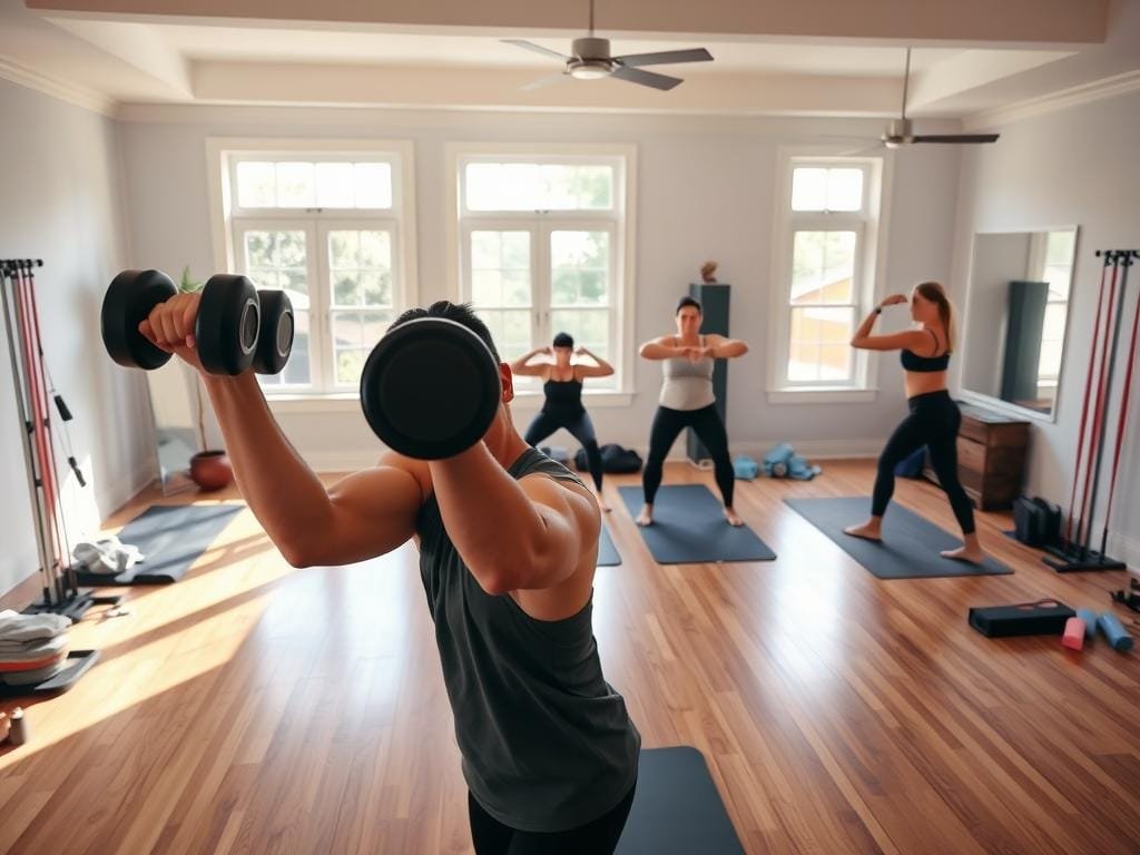 A well-lit, spacious home gym with hardwood floors and natural light streaming in through large windows. In the foreground, a person performing a set of bicep curls with dumbbells, their muscles clearly defined. In the middle ground, a person doing squats, their form perfectly aligned. In the background, a person doing lunges, their movements fluid and controlled. Yoga mats, resistance bands, and other fitness equipment are neatly arranged around the space, creating a sense of balance and organization. The overall atmosphere is one of focused, disciplined exercise, with a touch of serenity and wellness.