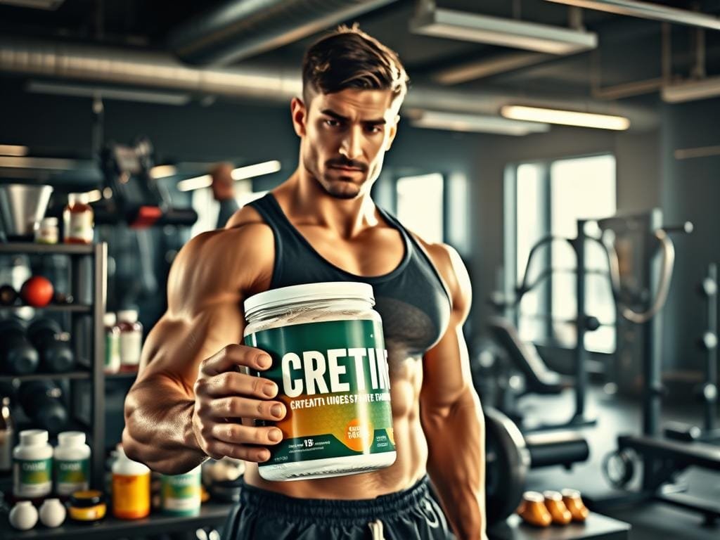 A well-lit sports nutrition scene depicting the benefits of creatine for athletes and weight loss. In the foreground, a muscular athlete in workout gear holds a container of creatine powder, while behind them are assorted athletic equipment, supplements, and a sleek, modern gym environment. The lighting is bright and directional, casting dramatic shadows and highlights to emphasize the subject. The overall mood is energetic and aspirational, conveying the potential for improved performance and physique through the judicious use of creatine.