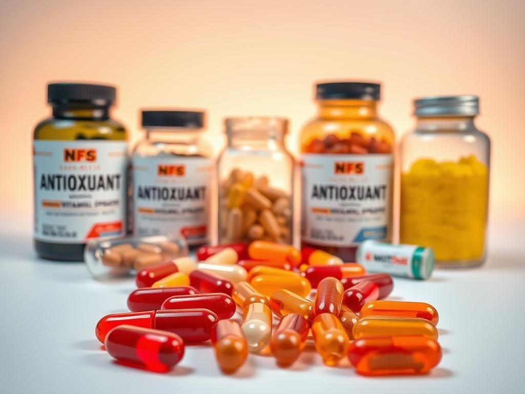 A well-lit still life composition showcasing an assortment of antioxidant vitamin supplements. In the foreground, vibrant capsules and softgels in various hues of red, orange, and yellow are arranged artfully. The middle ground features glass bottles and jars filled with powdered supplements, their labels prominently displayed. In the background, a clean, minimalist backdrop with warm lighting creates a sense of balance and focus on the supplements. The overall scene conveys a sense of purity, efficacy, and the power of these essential nutrients to protect and nourish the body.