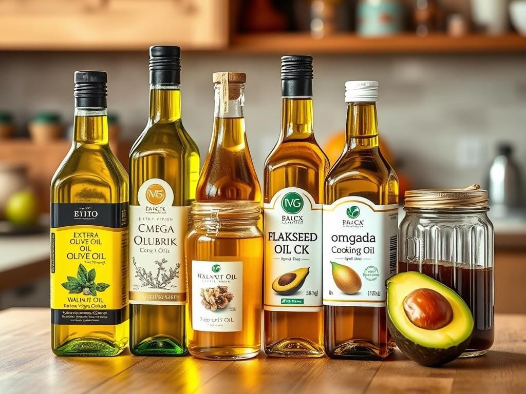 A wooden kitchen counter with a variety of omega-3-rich cooking oils displayed in glass bottles and jars. The oils include extra virgin olive oil, flaxseed oil, walnut oil, and avocado oil. The lighting is warm and natural, casting a soft glow on the scene. The background is blurred, keeping the focus on the oils. The composition is balanced and visually appealing, showcasing the rich colors and textures of the different oils. The overall mood is one of healthy, wholesome cooking and nutrition.