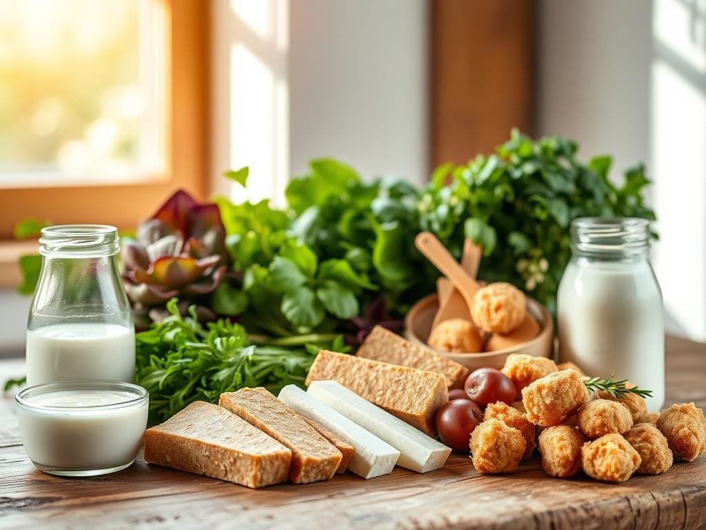 An assortment of plant-based dairy and meat alternatives, meticulously arranged on a rustic wooden surface. Sunlight filters through a window, casting a warm, natural glow over the scene. In the foreground, creamy oat milk, silky tofu steaks, and tender soy nuggets take center stage. Behind them, a selection of vibrant, leafy greens and aromatic herbs add depth and texture. The overall composition evokes a sense of wholesome, sustainable nourishment, inviting the viewer to explore the possibilities of a plant-based lifestyle.