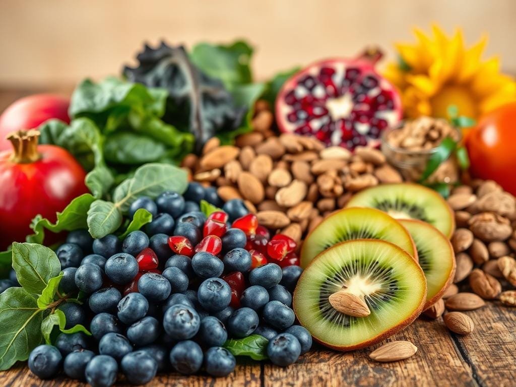 An assortment of vibrant, antioxidant-rich fruits and vegetables arranged on a rustic wooden table, illuminated by warm, natural lighting. In the foreground, an array of colorful produce including blueberries, pomegranate seeds, kiwi slices, and leafy greens such as spinach and kale. In the middle ground, various nuts and seeds, including almonds, walnuts, and sunflower seeds. The background features a simple, uncluttered setting, allowing the nutritious ingredients to take center stage. The overall composition conveys a sense of freshness, health, and the abundance of nature's antioxidant-packed offerings.