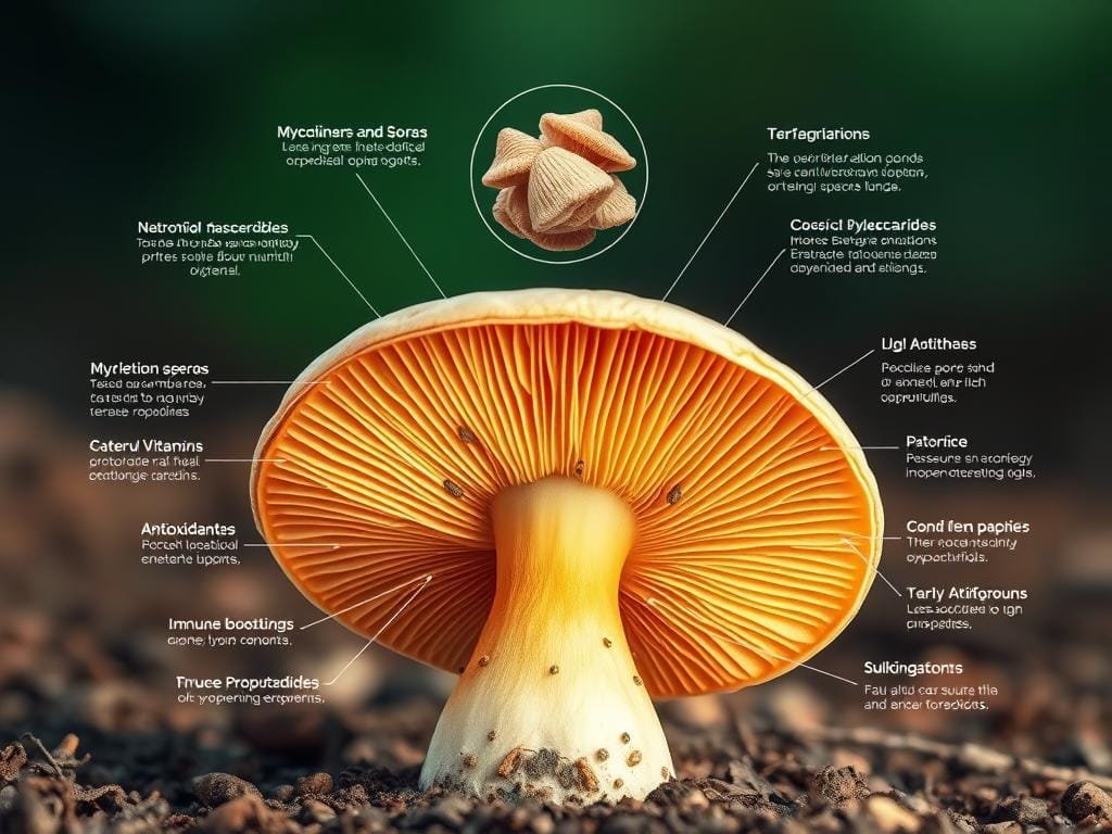 An intricately detailed cross-section illustration showcasing the various mechanisms behind the health benefits of mushrooms. The foreground depicts a vibrant, translucent mushroom cap, its internal structure laid bare, revealing the intricate network of mycelium, spores, and nutrient-rich compounds. The middle ground features a magnified view of these key functional elements, such as antioxidants, vitamins, and immune-boosting polysaccharides, each visually represented in an informative, scientific manner. The background subtly blends a serene, earthy backdrop with subtle technical diagrams and callouts, providing context and depth to the overall composition. Rendered in a warm, naturalistic palette with crisp, high-resolution detail and precise lighting to accentuate the mushroom's inner workings.