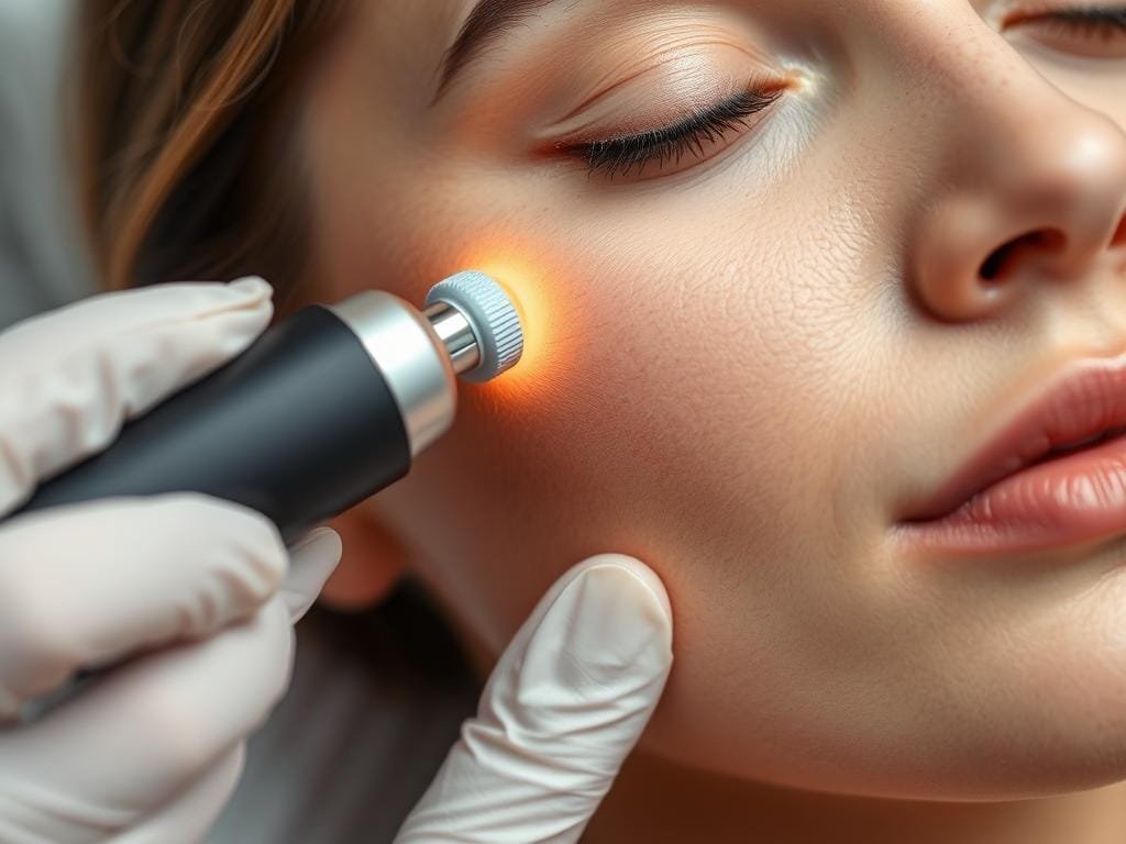 An up-close, detailed view of a microdermabrasion procedure being performed on a person's face. The patient's skin is illuminated by soft, diffused lighting, highlighting the texture and tone. The aesthetician's gloved hands gently guide a handheld microdermabrasion device across the patient's cheek, creating a subtle, hazy effect as the device exfoliates the outer layer of skin. The background is blurred, keeping the focus on the delicate, precise nature of the treatment. The overall scene conveys a sense of calm, professional care as the microdermabrasion process aims to reveal smoother, more radiant skin.