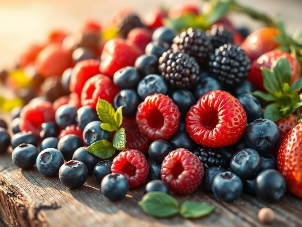 Antioxidants in Berries: A Vibrant Botanical Showcase A close-up view of a diverse array of fresh, ripe berries - blueberries, raspberries, blackberries, and strawberries - spilling across a rustic wooden surface, bathed in warm, golden-hour lighting. The berries' vibrant hues and subtle shadows create a sense of depth and dimensionality, highlighting their nutrient-rich, antioxidant-packed interiors. Soft focus in the background gently blurs the surroundings, drawing the viewer's eye to the captivating details of the berries' textures and forms. The overall composition conveys a sense of nature's abundance and the power of these antioxidant-rich superfoods.