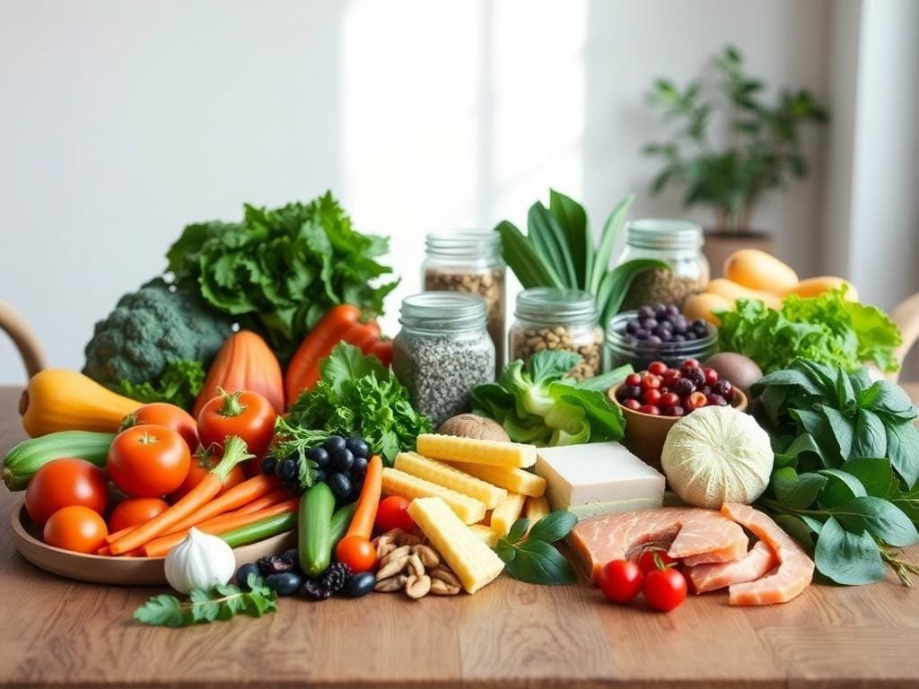 Carefully arranged whole foods on a wooden table, creating a visually appealing and nutritious "sugar detox" meal plan. In the foreground, an assortment of fresh vegetables, lean protein sources, and healthy fats are neatly organized. In the middle ground, jars of chia seeds, nuts, and dried berries add texture and color. The background features a minimalist, light-filled setting with natural lighting, emphasizing the clean, wholesome nature of the scene. The overall mood is one of simplicity, balance, and a renewed sense of energy and vitality, reflecting the "Practical Tips for a Successful Sugar Detox" theme.