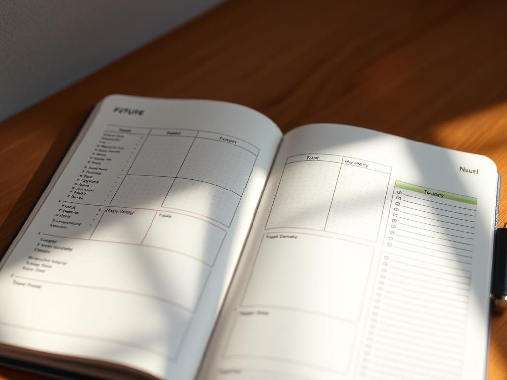 Detailed and organized bullet journal future log with a clean, minimalist aesthetic. Crisp, high-contrast pages featuring a grid layout with neatly aligned sections for upcoming months, personal notes, and to-do lists. Subtle pastel accents provide pops of color, creating a serene and focused atmosphere. Warm, directional lighting illuminates the journal, casting soft shadows and highlighting the texture of the paper. Photographed at a slight angle to convey a sense of depth and three-dimensionality. The overall scene exudes an air of productivity, organization, and thoughtful planning.