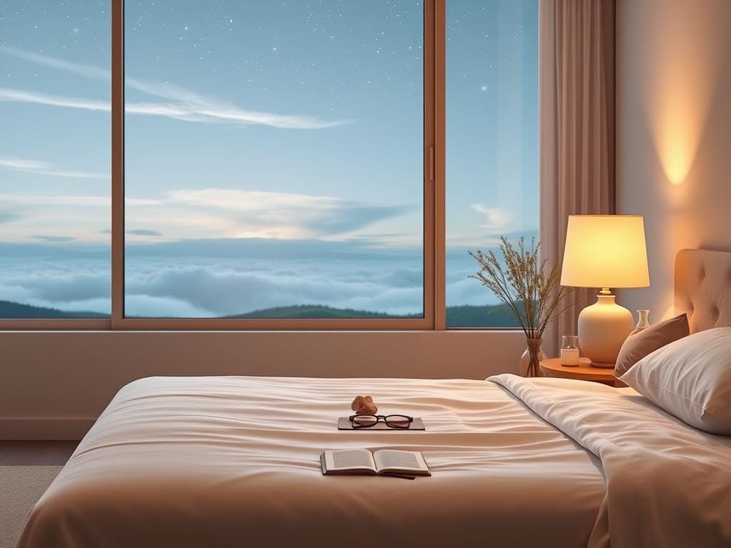 Imagine a serene bedroom scene, bathed in soft, warm lighting. In the foreground, a minimalist bedframe supports a plush, inviting mattress adorned with crisp, white linens. On the nightstand, a diffused lamp casts a gentle glow, accompanied by a soothing sound machine and a carafe of water. The middle ground features a meditation cushion and a few carefully curated items - a natural crystal, a mindfulness journal, and a pair of blue-light blocking glasses. In the background, a large window overlooks a tranquil, nature-inspired landscape, with wispy clouds drifting across a starry sky. The overall atmosphere conveys a sense of calm, relaxation, and optimal conditions for restorative sleep.