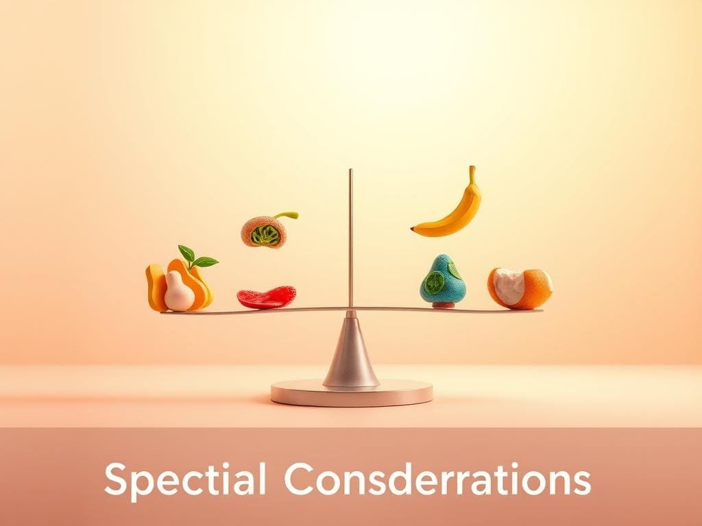 Macronutrient Balance: A harmonious composition depicting the three essential macronutrients - protein, carbohydrates, and fats. In the foreground, vibrant food icons representing each macronutrient float in a serene, pastel-hued environment. The middle ground features a balanced scale, symbolizing the delicate equilibrium required for optimal health. In the background, a soft, gradient-like sky creates a sense of tranquility and focus, drawing the viewer's attention to the central message. Warm lighting casts a gentle glow, evoking a feeling of nourishment and well-being. The overall aesthetic is clean, minimalist, and visually appealing, suitable for highlighting the "Special Considerations" section of the article.