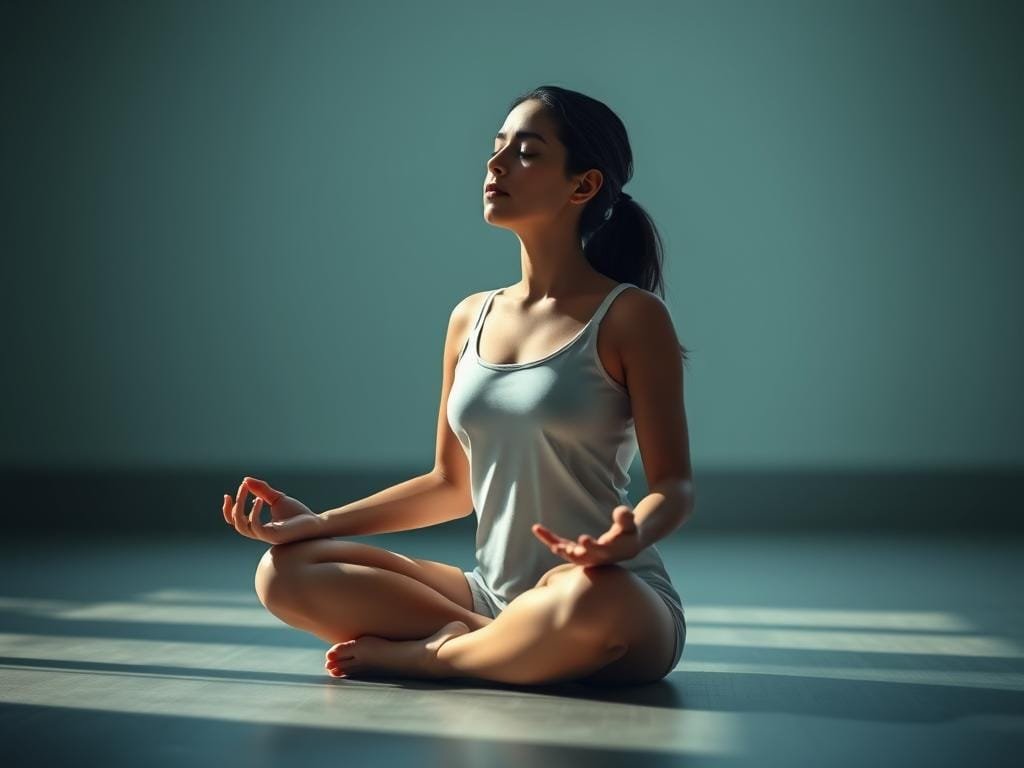 Peaceful scene of conscious breathing. Serene figure sitting in lotus position, eyes closed, focused inward. Soft lighting casts gentle shadows, creating a meditative atmosphere. The background is blurred, a calming palette of muted blues and greens, evoking a sense of tranquility. The pose is relaxed yet grounded, hands resting lightly on the knees. An air of mindfulness and introspection permeates the image, inviting the viewer to slow down and connect with their own breath.