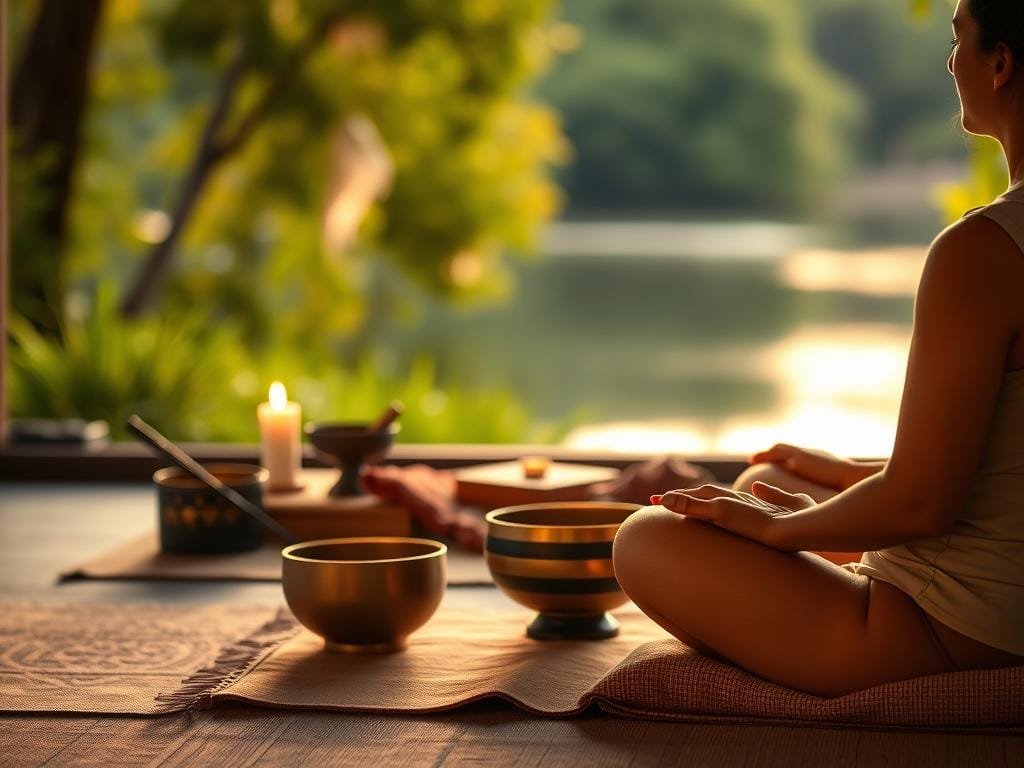 Prompt A serene and tranquil scene depicting the practice of mindfulness. In the foreground, a person sits cross-legged on a meditation cushion, eyes closed, hands resting gently on their lap. Warm, diffused lighting bathes the scene, creating a peaceful atmosphere. In the middle ground, an array of mindfulness tools and accessories - a singing bowl, incense, and a small altar with a candle flickering. The background is softly blurred, suggesting a natural setting with lush greenery and a calming body of water. The overall mood is one of deep introspection, calm, and a sense of being present in the moment.
