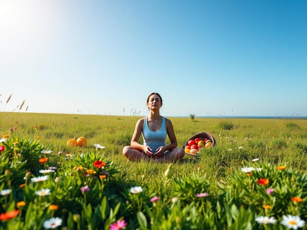 Serene meadow with lush greenery, vibrant wildflowers, and a clear blue sky. In the foreground, a person sits cross-legged, eyes closed, hands resting on their knees, conveying a sense of calmness and inner peace. Subtle rays of warm sunlight filter through the scene, creating a tranquil atmosphere. In the middle ground, an array of fresh fruits and vegetables symbolize the nourishing benefits of a sugar-free lifestyle. The background features a distant horizon, suggesting a journey towards renewed energy and vitality. Soft, diffused lighting and a shallow depth of field create a dreamlike, ethereal quality to the image.
