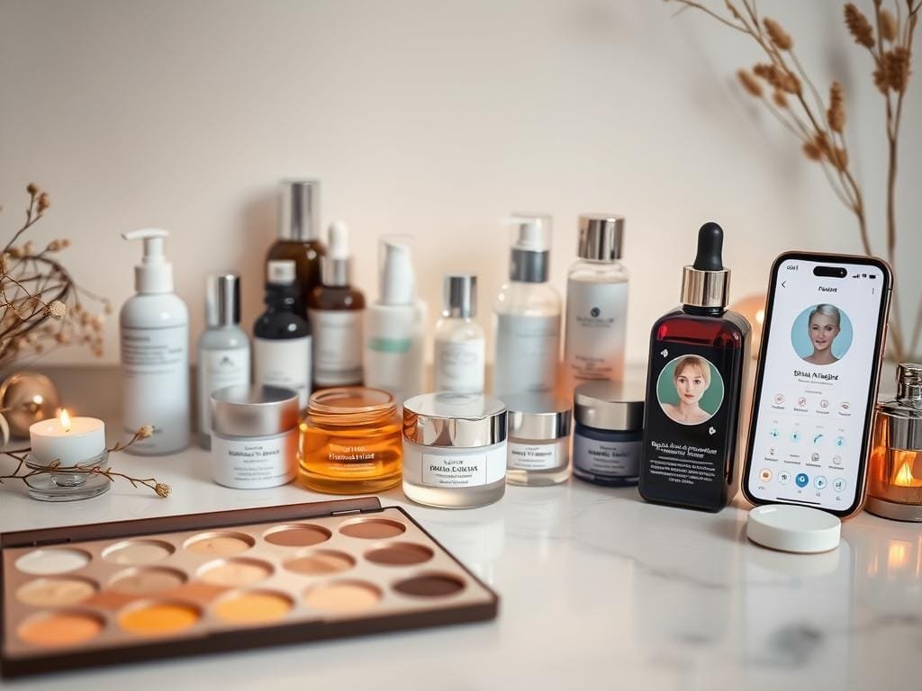 Serene vanity setup with an array of K-beauty skincare products, each chosen to address a specific skin concern. Soft, warm lighting illuminates the scene, casting a gentle glow. In the foreground, an open palette with blended hues of natural pigments. Delicate glass bottles and jars filled with creams, serums, and essences line the middle ground, while a smartphone displaying a skin analysis app sits nearby. The background features a minimalist, Scandinavian-inspired backdrop, allowing the skincare products to take center stage. The overall atmosphere evokes a sense of personalized, thoughtful self-care rituals.