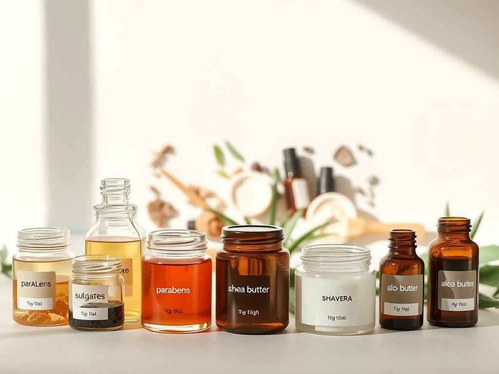 Smooth, minimalist still life of natural beauty ingredients to avoid, set against a soft, airy background. In the foreground, various glass jars and bottles filled with concerning chemicals like parabens, sulfates, and synthetic fragrances. Behind, a scattered arrangement of alternative, plant-based ingredients like aloe vera, shea butter, and essential oils, illuminated by natural, diffused light. The composition emphasizes the contrast between harmful and healthy components, conveying a sense of discernment and conscious consumption.